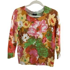 Talbots Cotton Spring Floral Cardigan 3/4 Sleeve Orange Green Pink Size S NWT